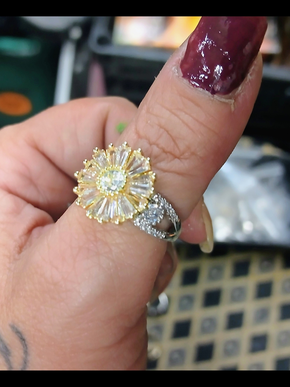 Gold and Silver Sunburst Crystal Ring - Elegant Women's Jewelry